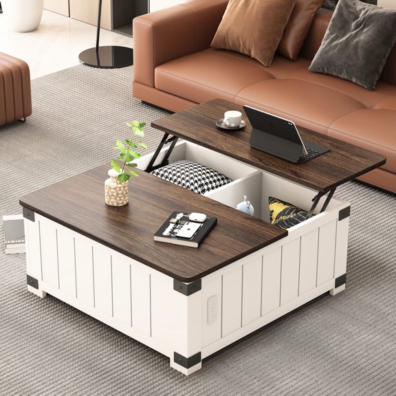White Farmhouse Square Table with Charging Ports / Fits Well with Sofa