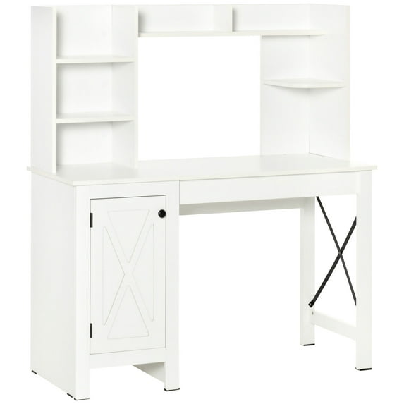 White Farmhouse Study Desk with Storage | Suitable for Multiple Rooms | Reinforced with X-type Steel Bars | Maximizes Storage Space