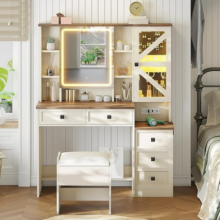 White Farmhouse Vanity Desk with LED Mirror & Charging Station, Makeup Vanity Set with Lights, 5 Drawers & Jewelry Storage, Classic White Vanity Table for Bedroom, Home Organization & Gift Idea