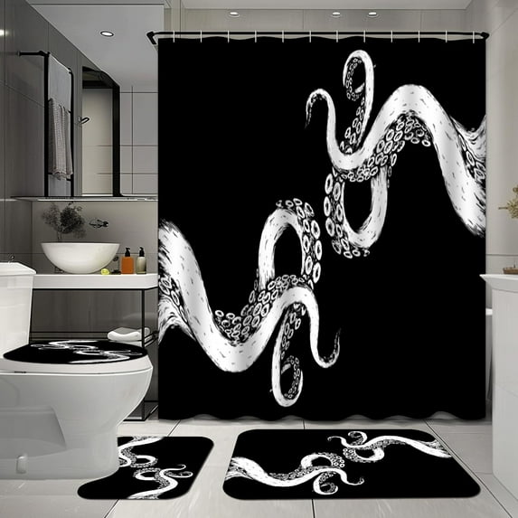 White Fashion 4 Pcs Shower Curtain Sets with Rugs, Daisy Flower Bathroom Sets with Shower Curtain and Rugs, Floral Bathroom Decor