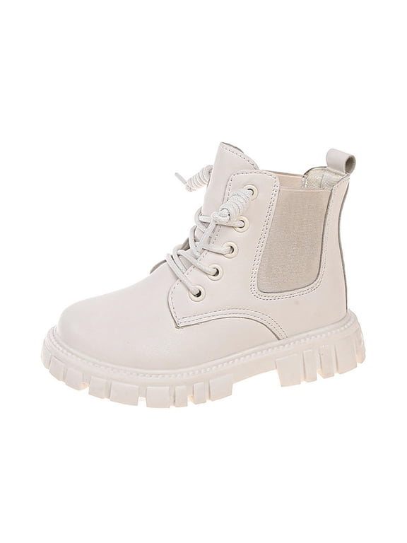 White Fashionable Mid Calf Boots For Girls, Artificial Leather Upper, Fall Season, Comfortable For Middle And Older Kids, Durable For School And Casual Wear