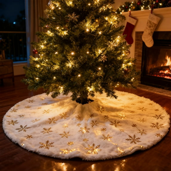 White Faux Fur Christmas Tree Skirt 24 Inches, Mini Xmas Tree Mat with Gold Sequin Snowflakes, Soft Plush Small Tree Skirt for Holiday Home Decorations, New Year Party & Winter Wonderland Décor