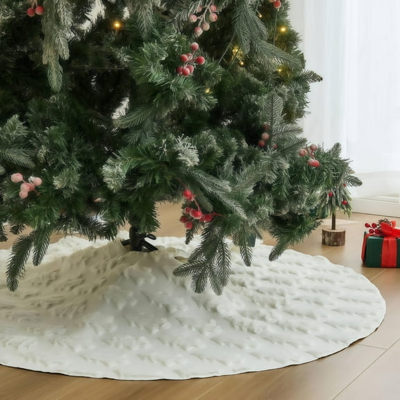 White Faux Fur Christmas Tree Skirt with Embroidered Christmas Tree Design, Round Holiday Decoration in 30.7in/35.4in/48in Sizes for Christmas, Thanksgiving, New Year