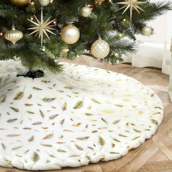 White Faux Fur Christmas Tree Skirt with Gold Feather Sequins, Round Snowy Holiday Tree Base Mat for Xmas Decorations, Available in 30.7in, 35.4in, 48in