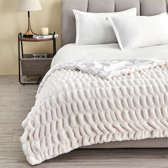 White Faux Fur Reversible Throw Blanket for Couch or Chair, 50" x 60"