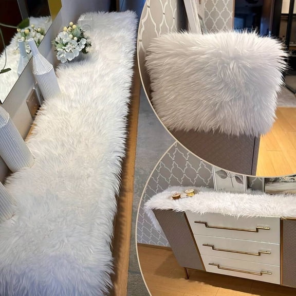 White Faux Fur Table Runner Plush Decorative Cover for Dresser or Coffee Table