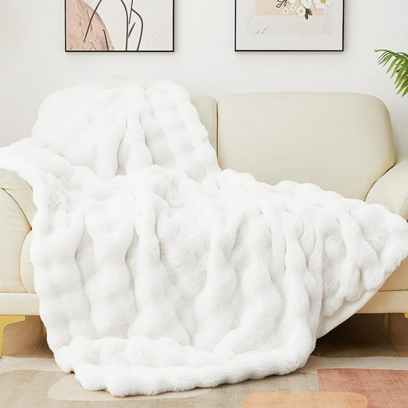 White Faux Fur Throw Blanket Cozy White Bubble Soft Fuzzy Thick Living Room Blanket for Couch Sofa Bedroom Plush Fluffy Warm Blanket for All Seasons Luxury Throw Blanket 50x60 Inch, 860gsm