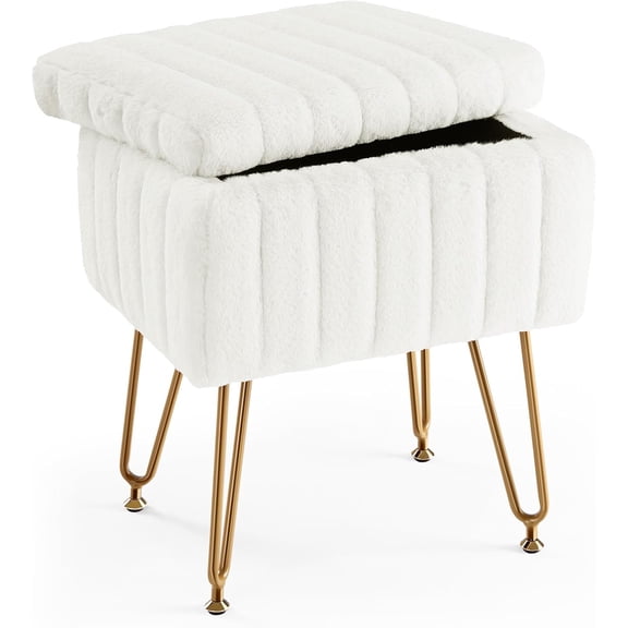 White Faux Fur Vanity Stool with Storage, Makeup Ottoman Chair with 4 Metal Legs, Adjustable Anti-Slip Feet, Soft Padded Small Footrest for Bedroom, Entryway