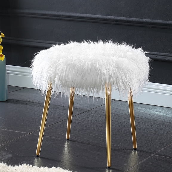 White Faux Fur and Thick Cushion Ottoman / Relax in Style