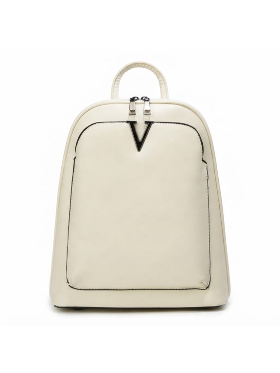 White Faux Leather Backpack, Multi-Zip Casual Daypack