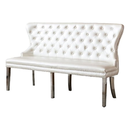 White Faux Leather Beach with Tufted Seat and Silver Stainless Steel Legs