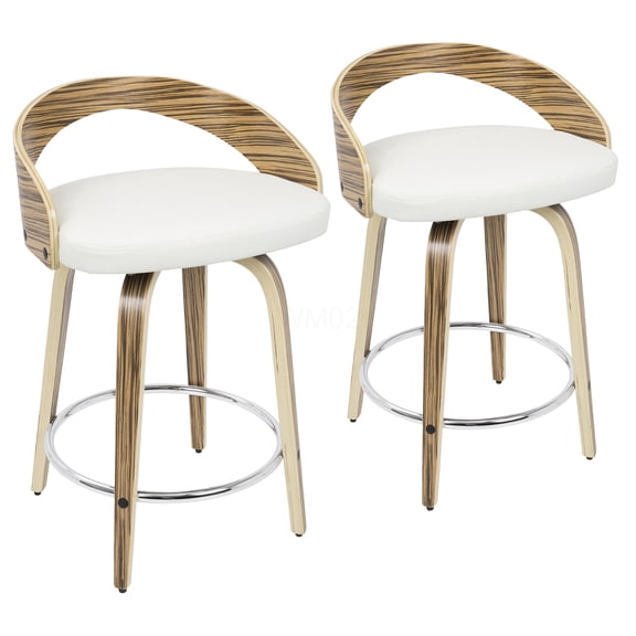 White Faux Leather Counter Stool Set with Swivel, Mid-Century Modern Design and Chrome Footrest for Kitchen Island, Bar or Dining, Set of 2