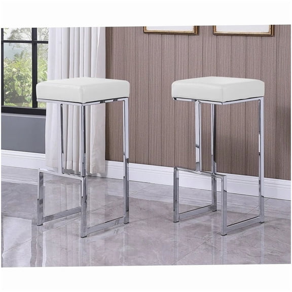 White Faux Leather Counter Stools, Set of 2 Backless Stools with Chrome Metal Legs for Kitchen Island Dining