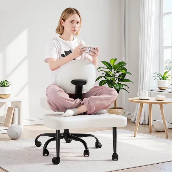 White Faux Leather Ergonomic Criss Cross Legged Office Chair, 360 Swivel Meditation Chair with Lumbar Support