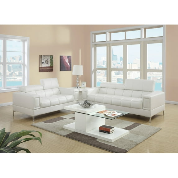 White Faux Leather Modern Contemporary Living Room Sofa And Loveseat 2pc Set Plush Cushion Comfort Couch