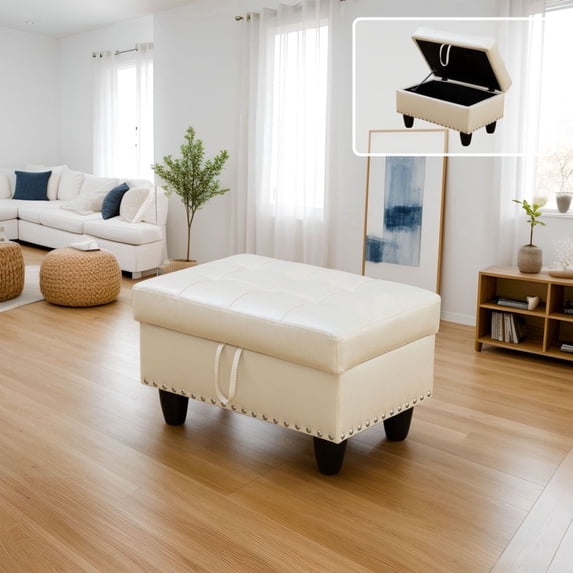 White Faux Leather Synthetic Leather Storage Ottoman