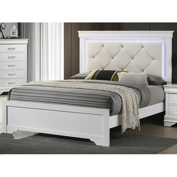 White Faux Leather Tufted Queen Bed Frame with LED Headboard | Contemporary Style | Solid Wood & MDF | 66"W x 84"D | Bedroom Furniture