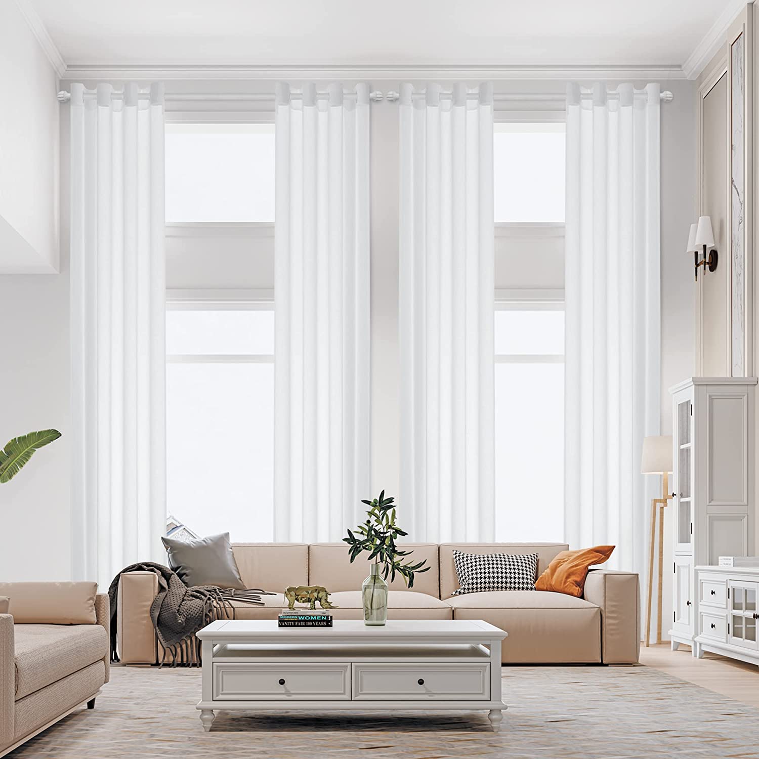 White Faux Linen Extra Long Sheer Curtains 240 Inches Length for Tall