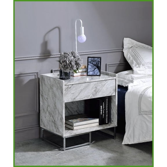 White Faux Marble Chrome Coffee Table with Drawer & Open Storage, Space-Saving for Living Room
