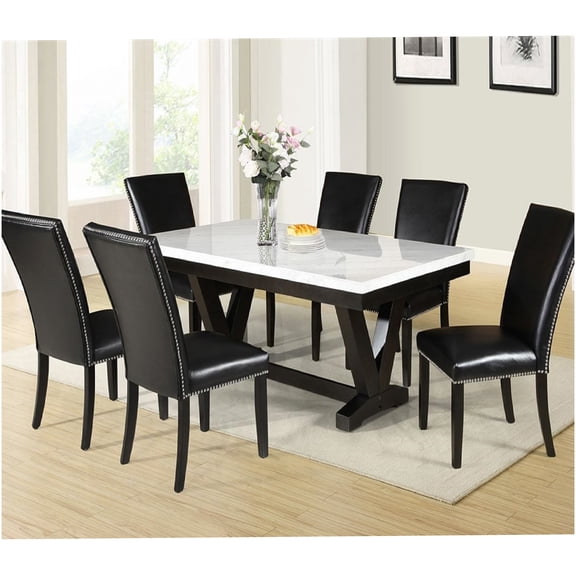 White Faux Marble Dining Table Set with 6 Upholstered Chairs, Black Faux Leather Seating and Nailhead Trim, 7-Piece Modern Dining Room Set