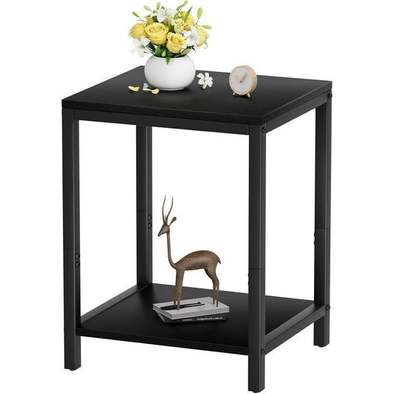 Wood End Tables Small Side Table with Storage Night Stand Metal Frames 2 Tier Bedside Table with Adjustable Feet, 1PCS, Walnut