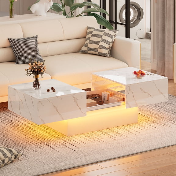 Hironpal Modern Contemporary Storage Rectangle Marble Coffee Table, White