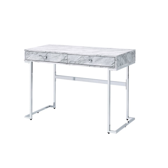 Rectangular White Faux Marble Top Chrome Writing Desk with Smooth - Gliding Drawers for Work