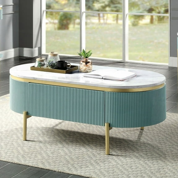 White Faux Marble Top Coffee Table in Glam Light Teal with Curved Reeded Panels