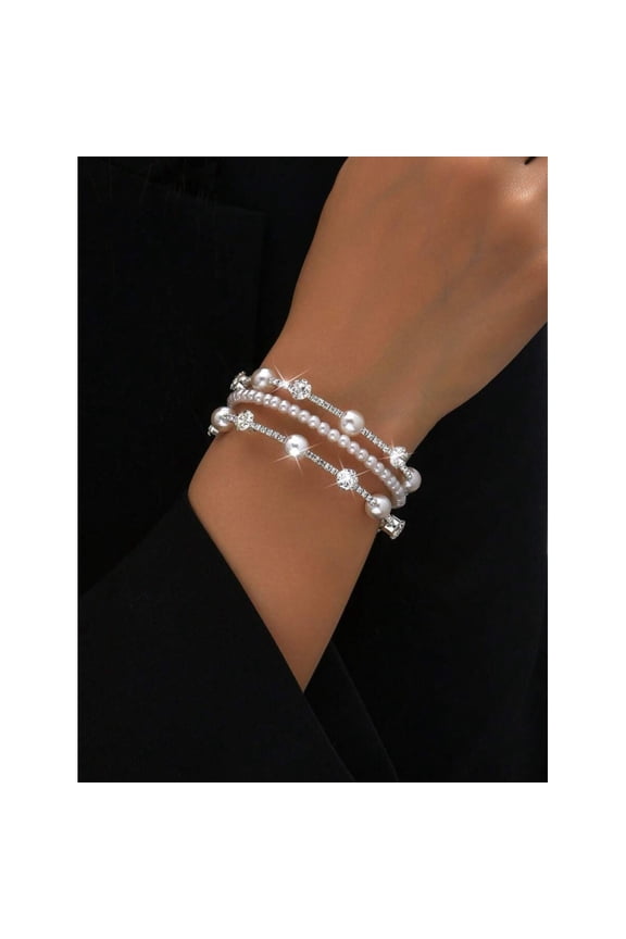 White Faux Pearl And Rhinestone Multi-Strand Wrap Bangle Bracelet