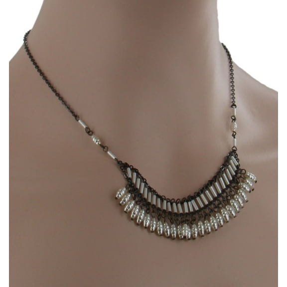 White Faux Pearl Bugle Beads Bib Collar Necklace Ladies Adult Female Women