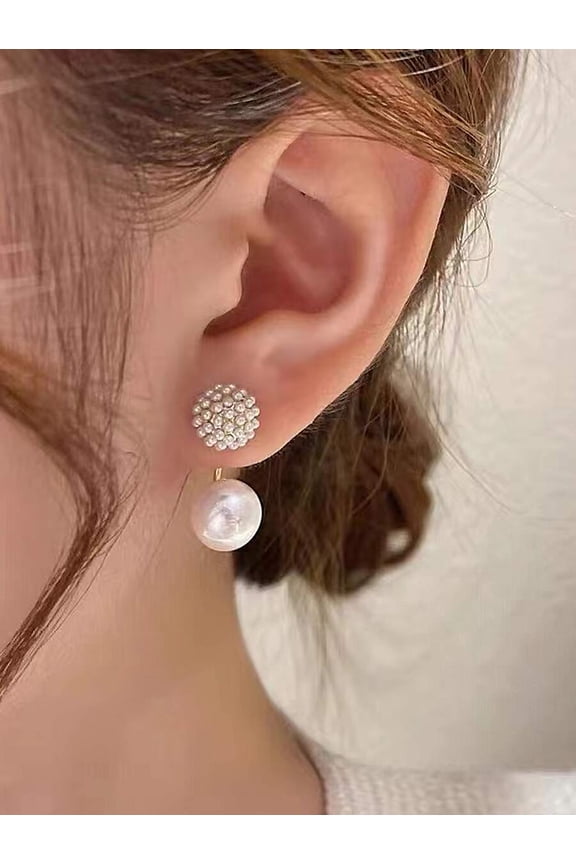 White Faux Pearl Front Back Stud Earrings With Crystal Dome Design