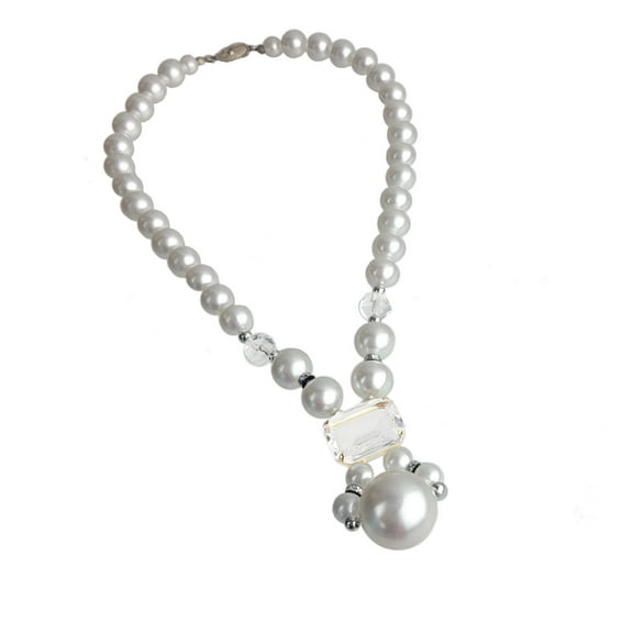 White Faux Pearl Necklace Clear Jeweled Drop Fits at 18" Ladies Adult Female Women