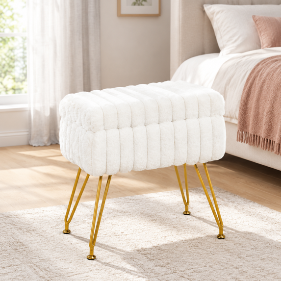 White Faux Vanity Stool with Storage for Makeup, Bedroom, and Living ...