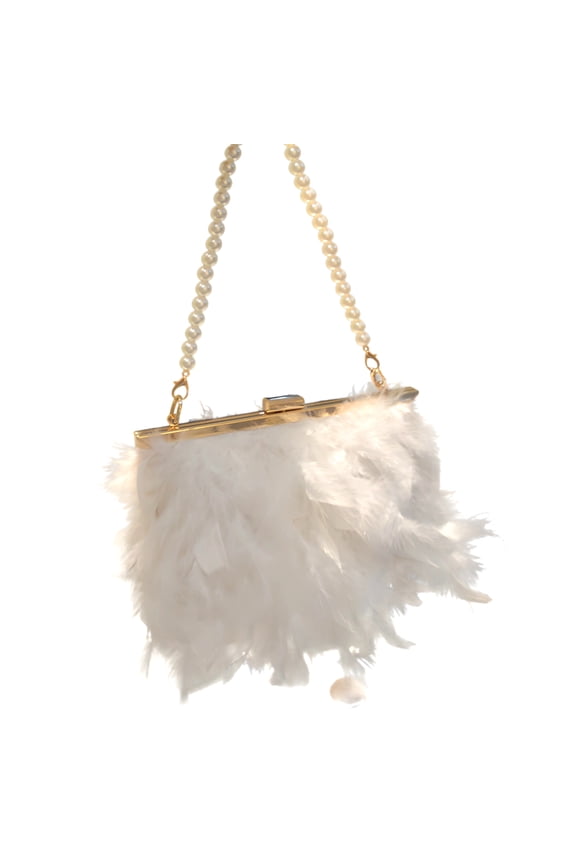 White Feather Clutch Purse for Women, Pearl Chain Evening Bag with Gold Metal Frame, Crossbody and Handheld Design, Elegant and Versatile for Parties, Weddings, and Special Occasions