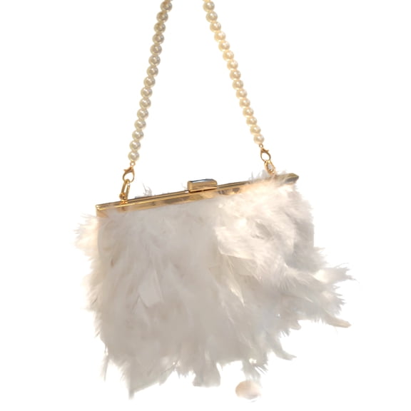 White Feather Clutch Purse for Women, Pearl Chain Evening Bag with Gold Metal Frame, Crossbody and Handheld Design, Elegant and Versatile for Parties, Weddings, and Special Occasions