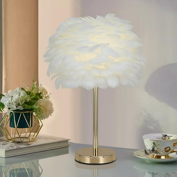 White Feather Table Lamp - Chic Design, Gold Stand, Fluffy Desk Light, Perfect for Bedroom, Living Room & Hotel Decor