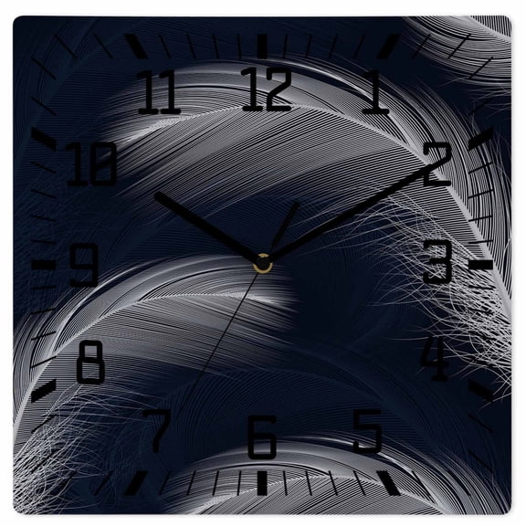 White Feather Wooden Wall Clock Silent Non Ticking, Modern Navy Blue Striped Art Square Wall Clocks Battery Operated, Decor Clock for Home Office, Living Room, Kitchen, 12 Inch