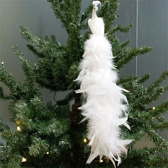White Feathered Peacock Christmas Ornament with Real Feathers & Sequins, 15.75 Inch Elegant Bird Decor with Clip for Xmas Tree, Gift topper and Home Decor