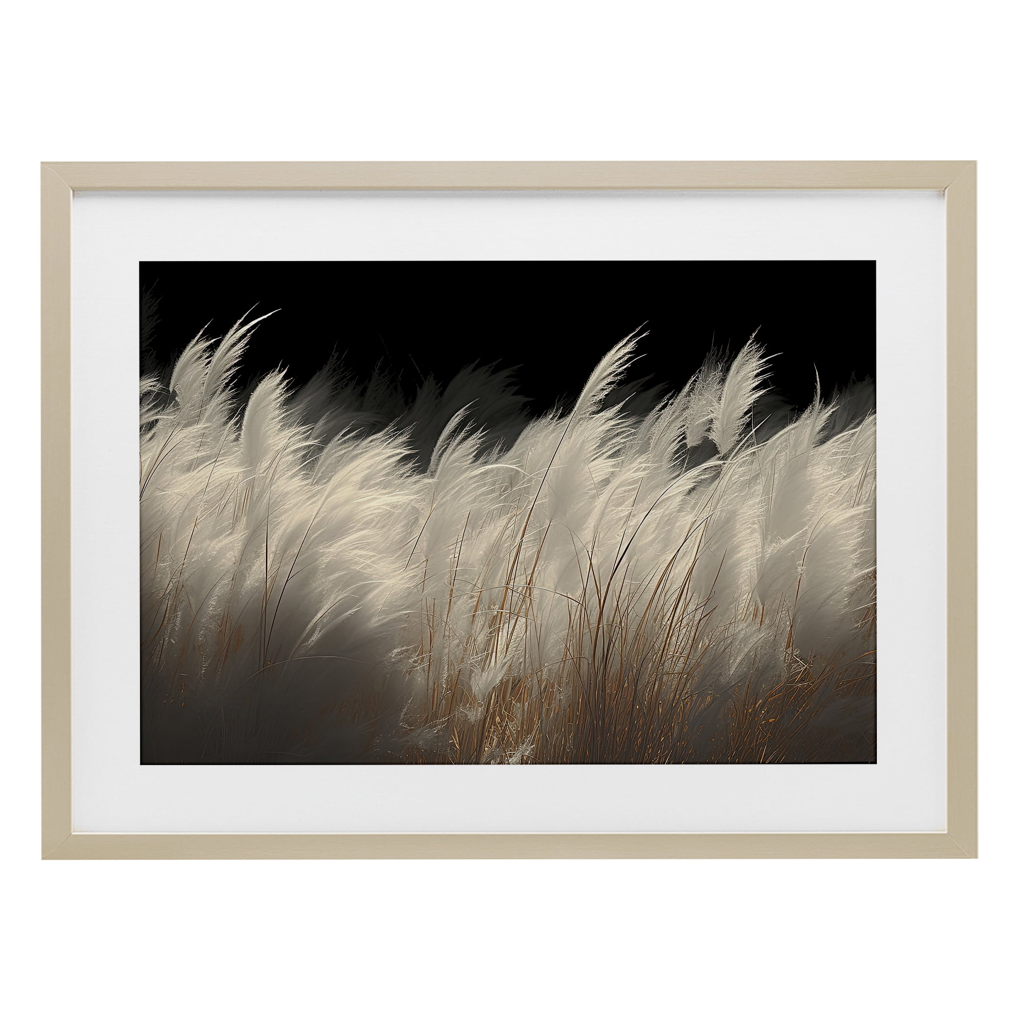 White Feathers Windblown Grasses Birch Framed Print Under Glass, design by Decent Exposures