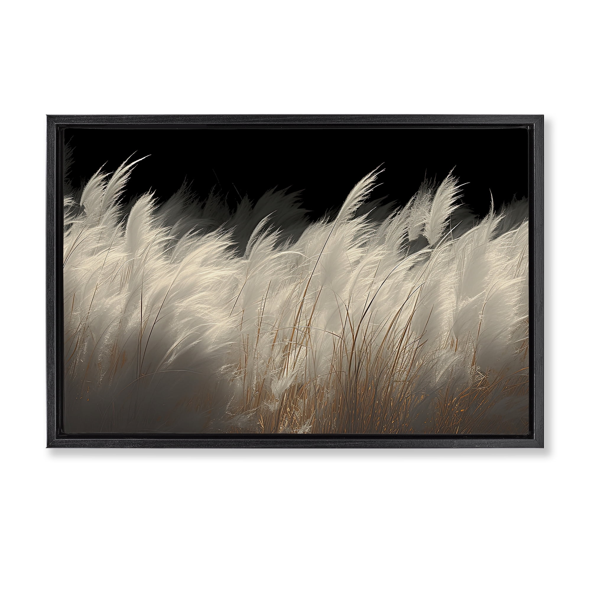 White Feathers Windblown Grasses Black Framed Floater Canvas Wall Art, design by Decent Exposures