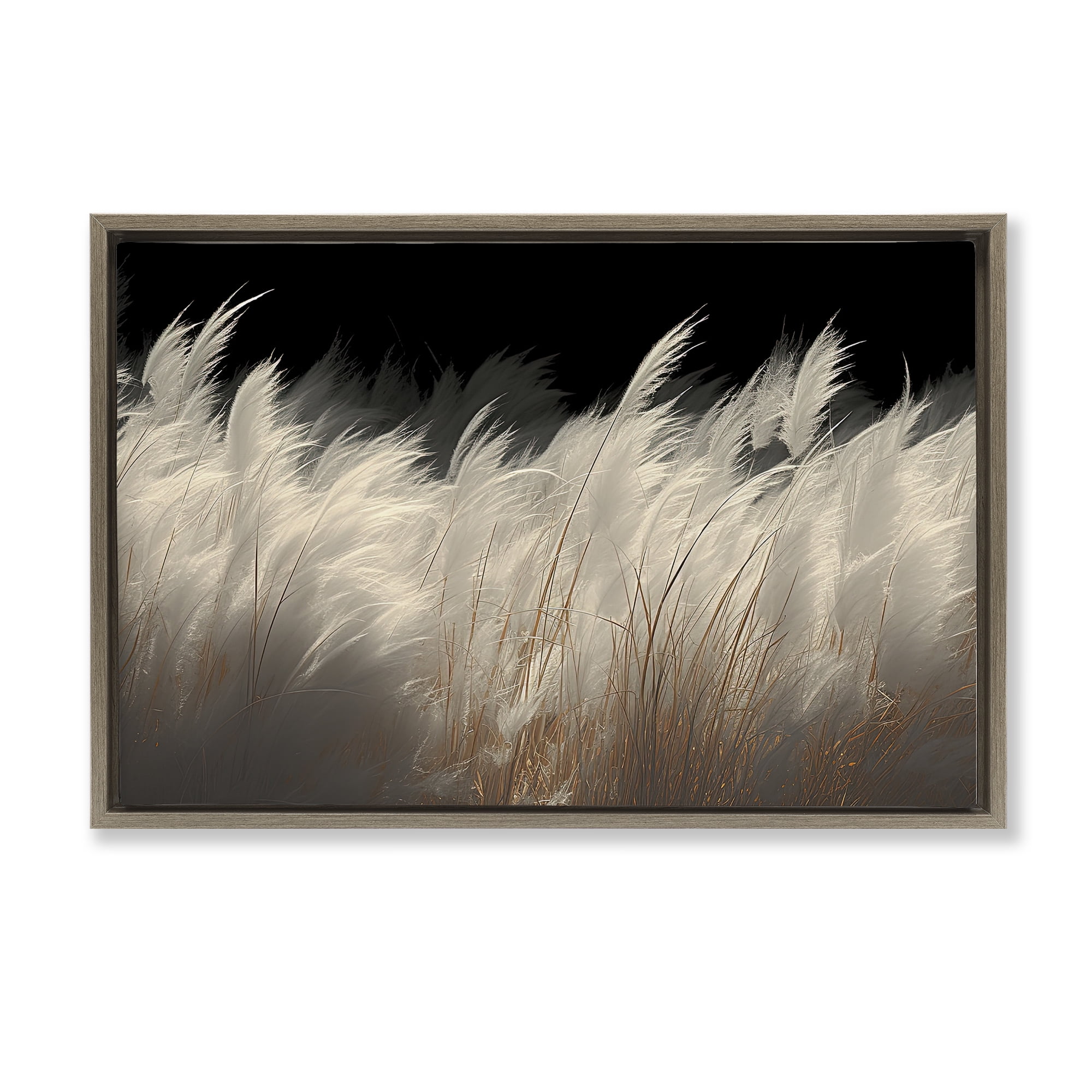 White Feathers Windblown Grasses Brown Framed Floater Canvas Wall Art, design by Decent Exposures