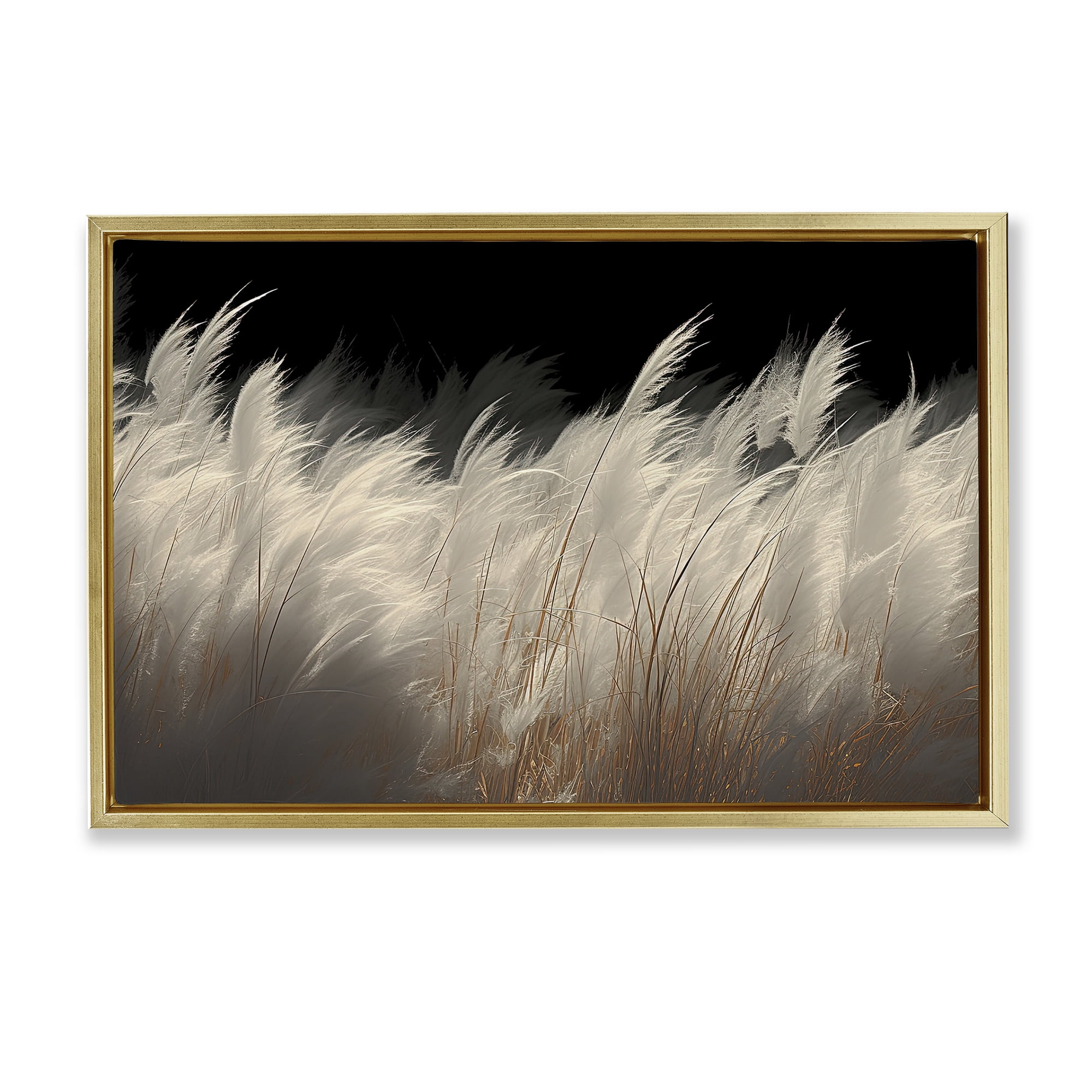 White Feathers Windblown Grasses Gold Framed Floater Canvas Wall Art, design by Decent Exposures
