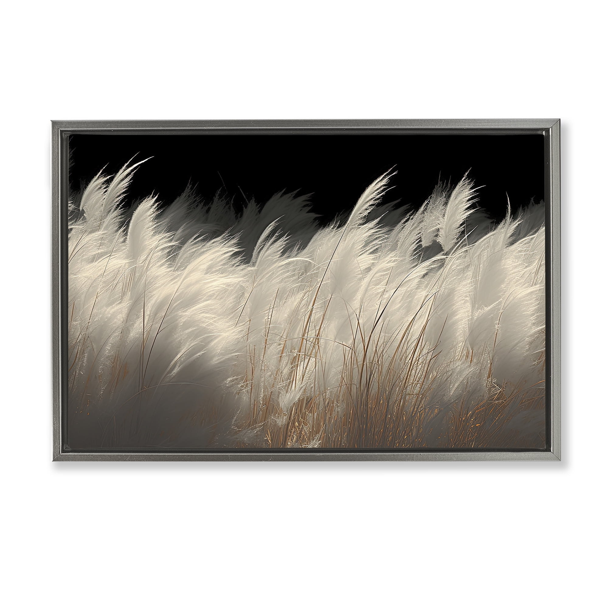 White Feathers Windblown Grasses Gray Framed Floater Canvas Wall Art, design by Decent Exposures