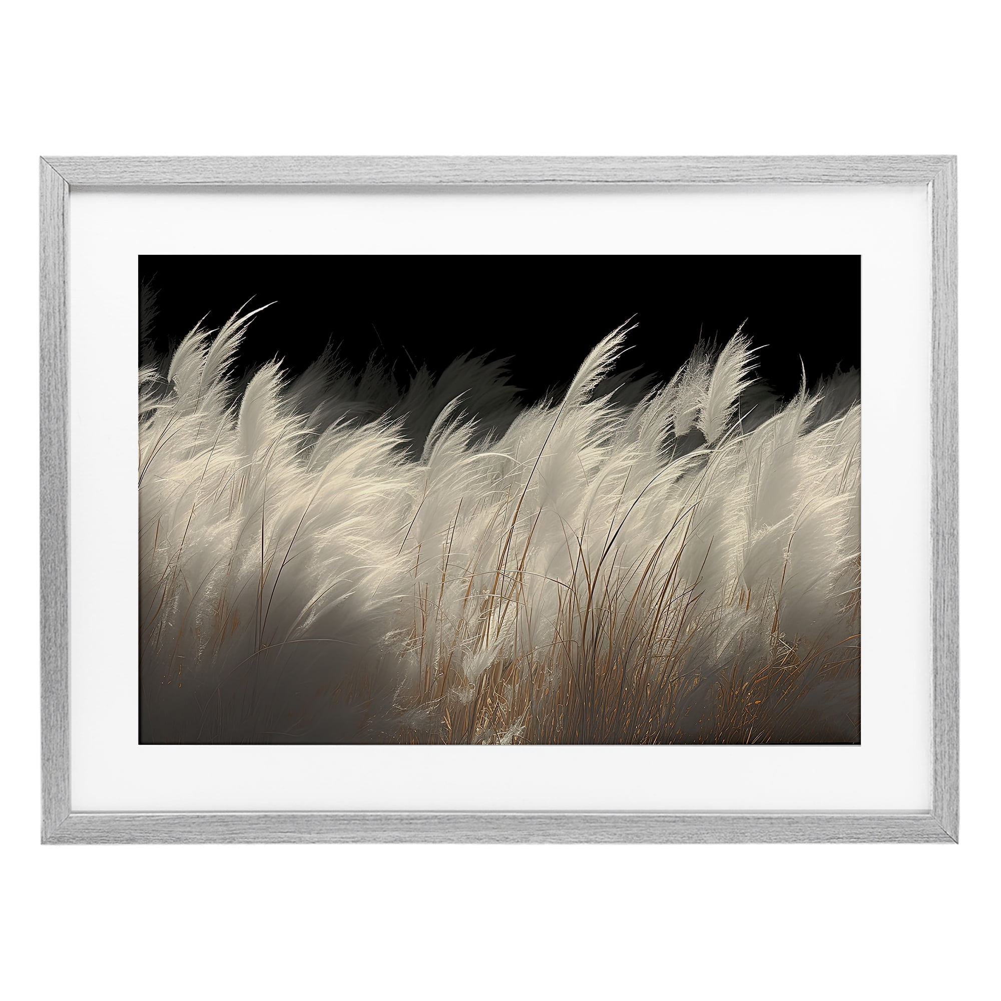 White Feathers Windblown Grasses Gray Framed Print Under Glass, design by Decent Exposures