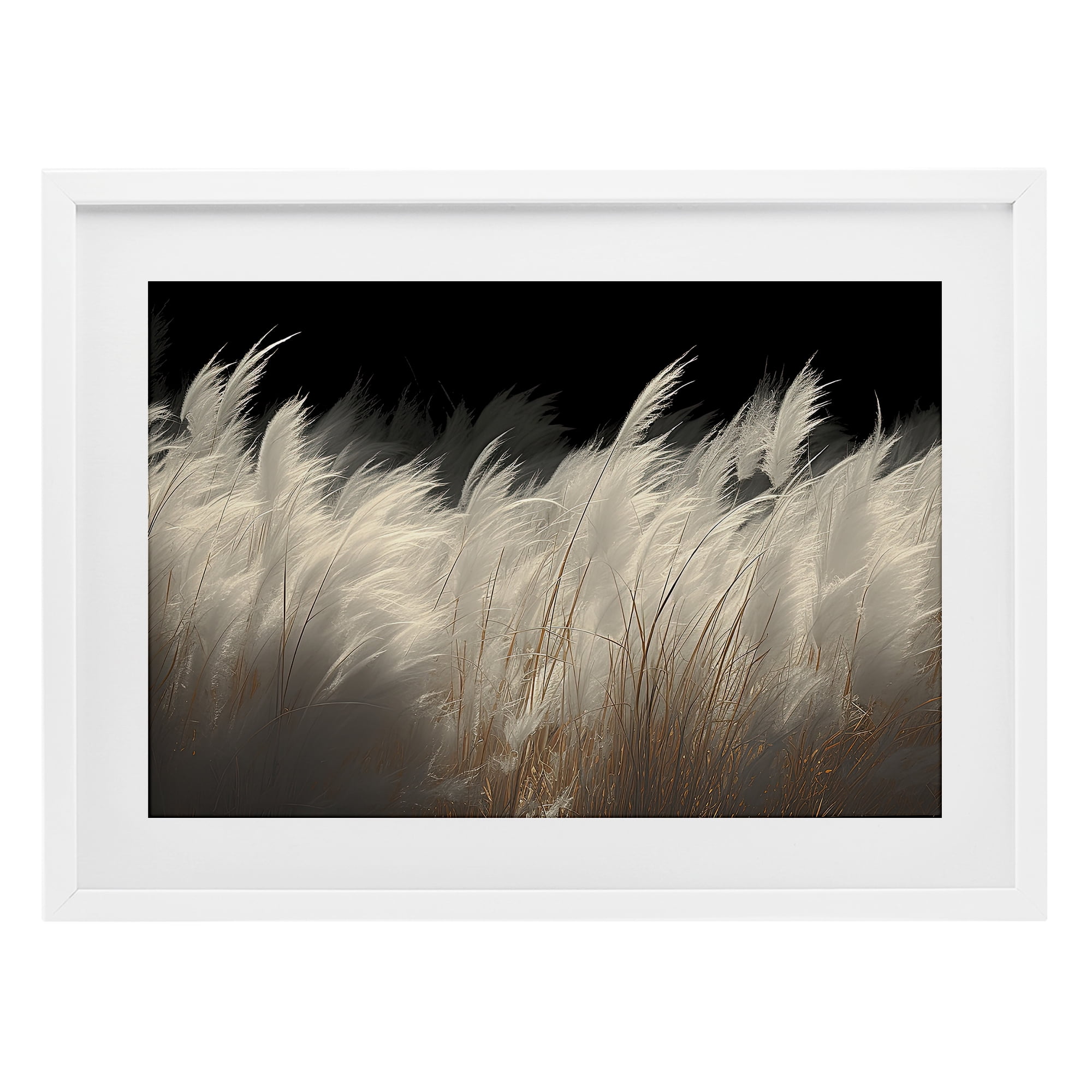 White Feathers Windblown Grasses White Framed Print Under Glass, design by Decent Exposures