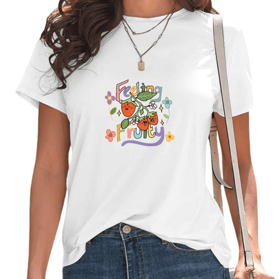 White "Feeling Fruity" Strawberry Graphic T-Shirt Women's Casual Loose Fit Short Sleeve Retro Fruit Aesthetic Graphic Tee Tops S-5XL