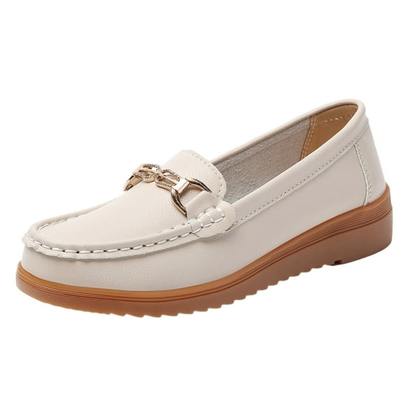 White Female Breathable Flat Shoes With Metal Buckle Embellishment Comfortable Round Toe For Daily Use