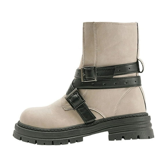 White Female Casual Footwear With Circular Toe And Belt Detail Chunky Heel For Leisure Walking In Cold Weather