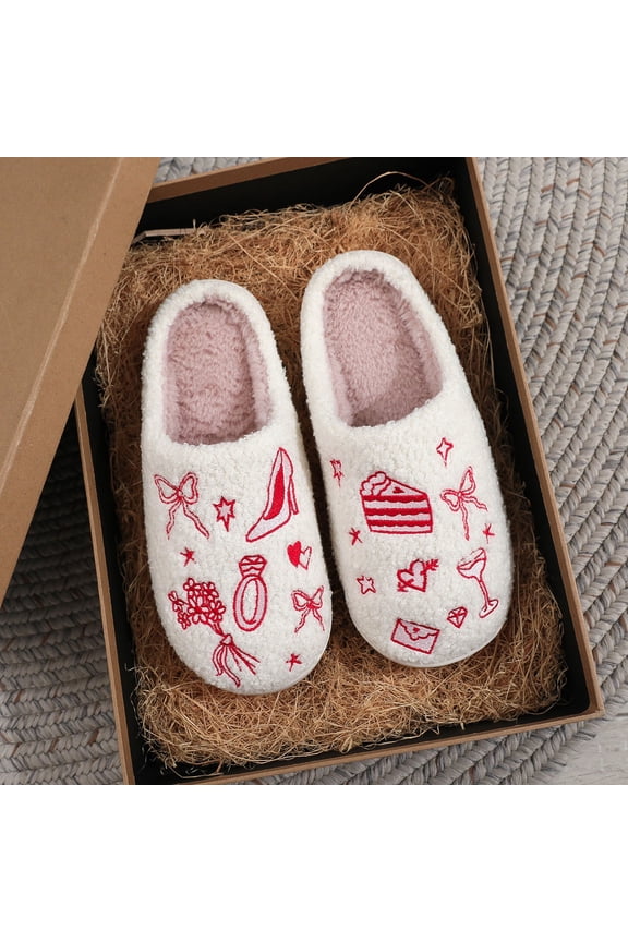White Unisex Winter Indoor House Slippers For Couples Bow Cake Print Plush Lined Warm Home Slippers Size 36 Foot Length 9.06In Package 1 Pair 0.62 Lb