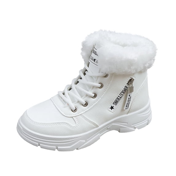 White Female Cozy Winter Ankle Boots With Round Toe Side Zipper And Front Lace-Up Low Heel Design For Relaxed Use